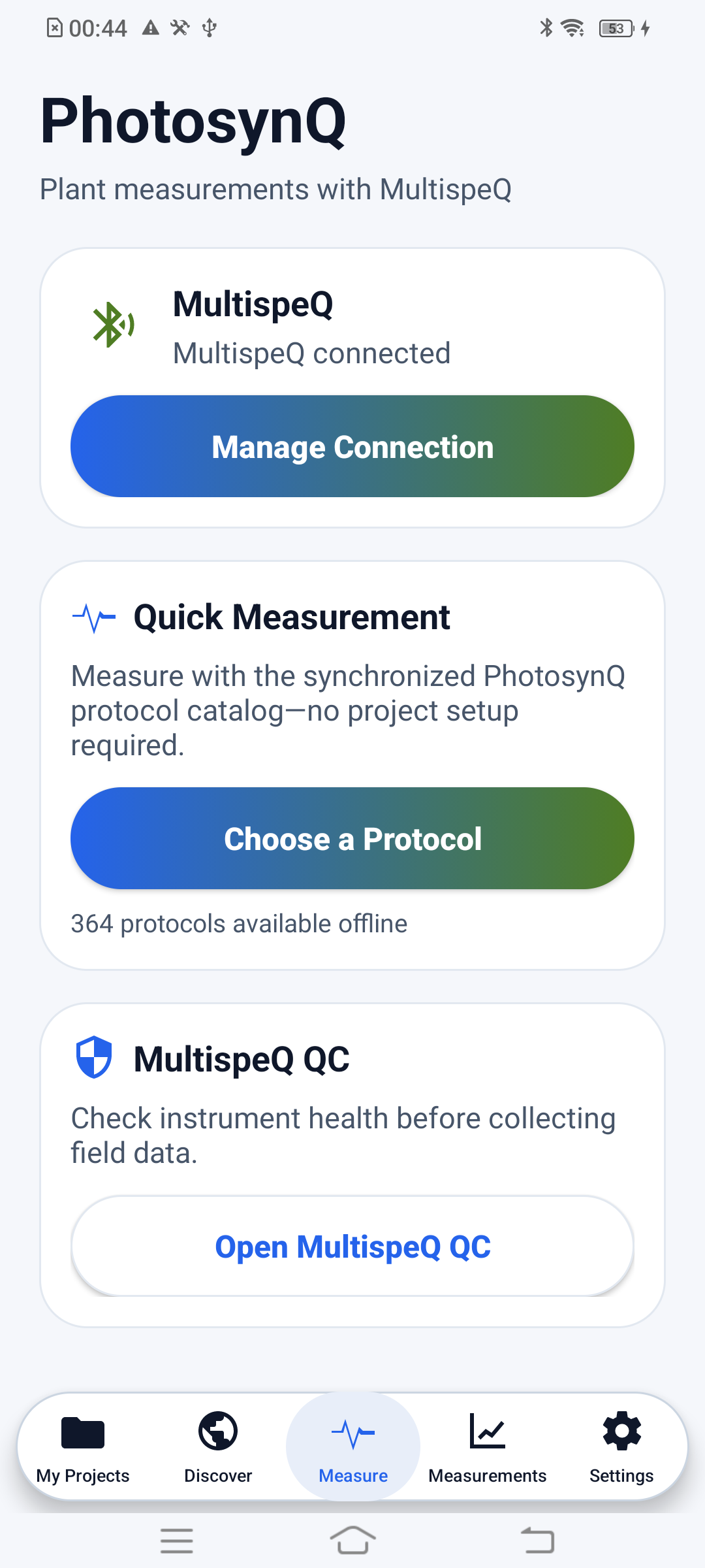 Measure tab with MultispeQ connection status