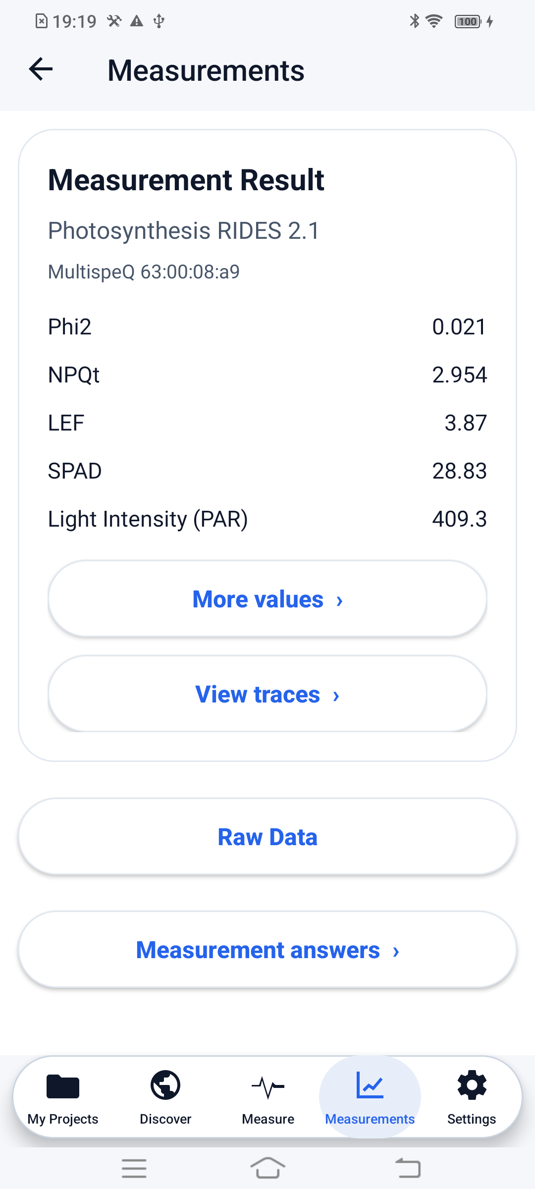 Saved Android result showing compact values and expandable details